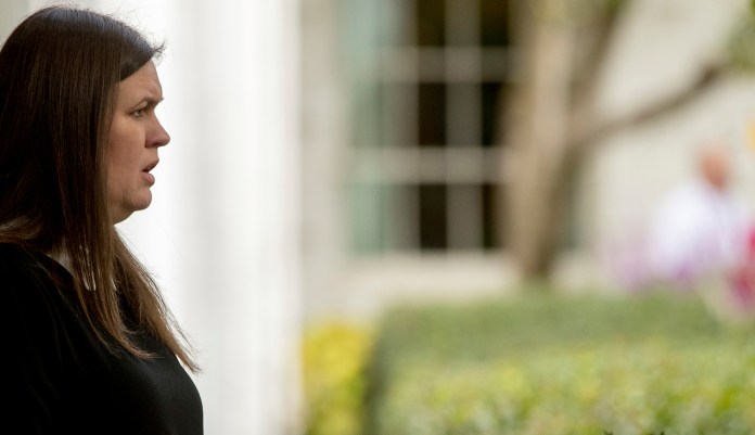 Sanders said there will be a place for nameless sources in the administration on stories related to "process stuff that isn't necessarily on the record," but she said on policy initiatives, sources should be on the record. (AP Photo/Andrew Harnik)