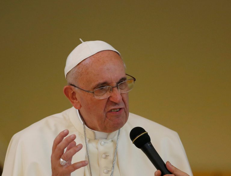 Pope Francis addresses South Korean Catholics during a meeting at the Spirituality Center in Kkottongnae in Eumseong, South Korea, Saturday, Aug. 16, 2014. (AP Photo/Kim Hong-Ji, Pool)