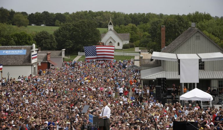 President Barack Obama speaks at a campaign event at the Living History Farms, Saturday, Sept. 1, 2012, in Urbandale, Iowa. (AP Photo/Pablo Martinez Monsivais)