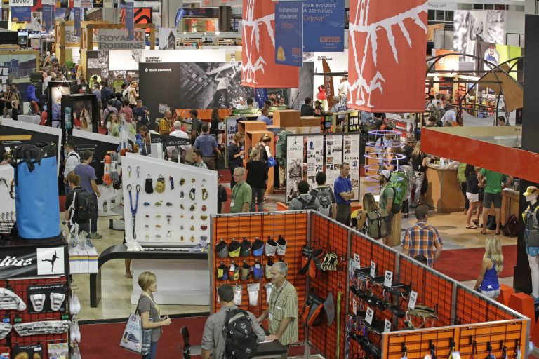 Vendors display their wares at the Outdoor Retailer's summer show in Salt Lake City on Wednesday, Aug. 6, 2014. The biannual show brings thousands to Utah. The world's largest outdoor-gear trade show runs Wednesday through Saturday at the Salt Palace Convention Center. (AP Photo/Rick Bowmer)