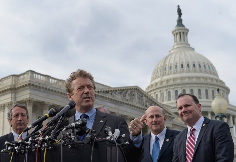 Sen. Rand Paul, R-Ky., center, joined by, from left, Rep. Jim Jordan, R-Ohio, Rep. Mark Sanford, R-S.C., Rep. Louie Gohmert, R-Texas, and Sen. Mike Lee, R-Utah, speaks about health care during a news conference. (AP Photo/Susan Walsh)