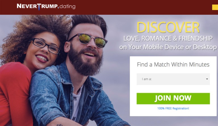 A newly released website NeverTrump.Dating aims to give liberals a place to meet a woman or man who shares their disdain for the president. (Screenshot)