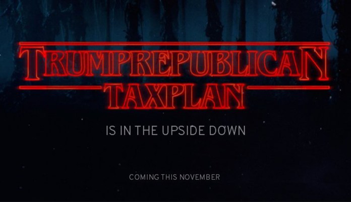 The Senate Democrats Twitter account posted a meme on tax reform based on the logo from "Stranger Things." Many people proceeded to make fun of it on the web. (Senate Democrats via Twitter)