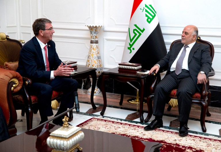 Defense Secretary Ash Carter meets with Iraqi Prime Minister Haider al-Abadi in Baghdad, Iraq, on July 23 during a weeklong tour of the Middle East focused on reassuring allies about Iran. (AP Photo/Carolyn Kaster)