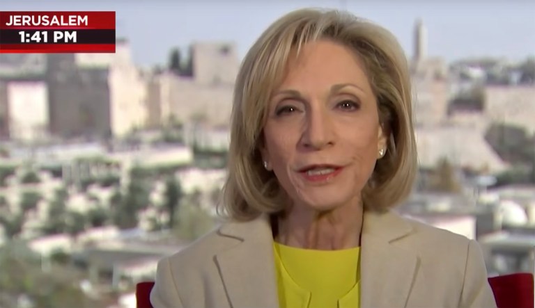 NBC News' Andrea Mitchell on Monday erroneously reported that 13 Israeli-Arab members of Israel's parliament were escorted out by guards for holding up signs while in session. She was quickly refuted online. (screenshot)