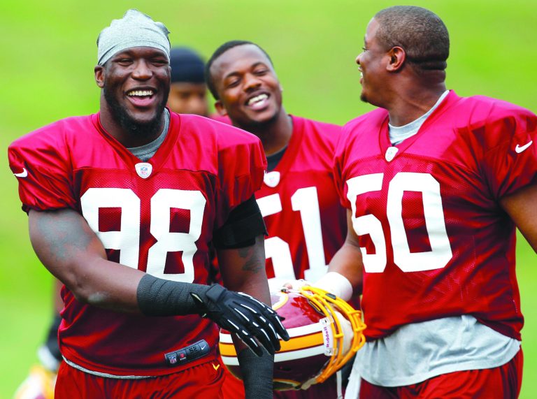 Carolyn Kaster/AP
Brian Orakpo, left, called his last two seasons disappointing because he failed to reach double digits in sacks for the Redskins.