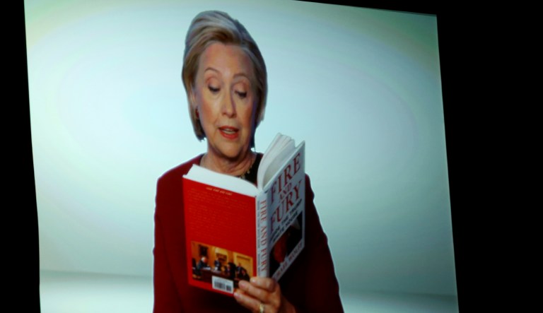 Former Democratic presidential candidate and Secretary of State Hillary Clinton appeared on screen reading an excerpt from the book 