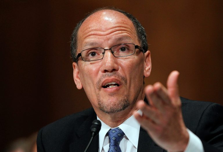 Labor Secretary nominee Thomas Perez testifies on Capitol Hill in Washington, Thursday, April 18, 2013, before the Senate Health, Education, Labor and Pensions Committee hearing on his nomination. Perez sought to assure senators Thursday that he would approach the job with an open mind and a willingness to work with business and labor groups alike to create new jobs.  (AP Photo/Molly Riley)