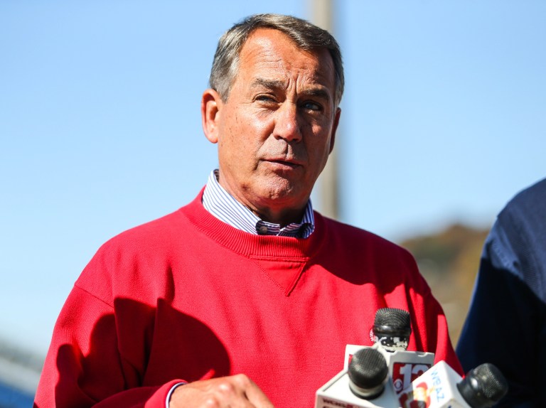 Speaker of the House John Boehner, R-Ohio, speaks after touring the coal handling facility River-Trading Company-Docks Creek on Wednesday, Oct. 29, 2014, along the Big Sandy River in Kenova, W.Va. (AP Photo/The Herald-Dispatch, Sholten Singer)