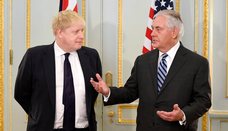 Secretary of State Rex Tillerson, met with Britain's Foreign Secretary Boris Johnson in London. Tillerson said Monday that he sees progress in getting European support for tough new penalties against Iran that could prevent a U.S. withdrawal from the Iran nuclear deal. (Toby Melville/Pool via AP)