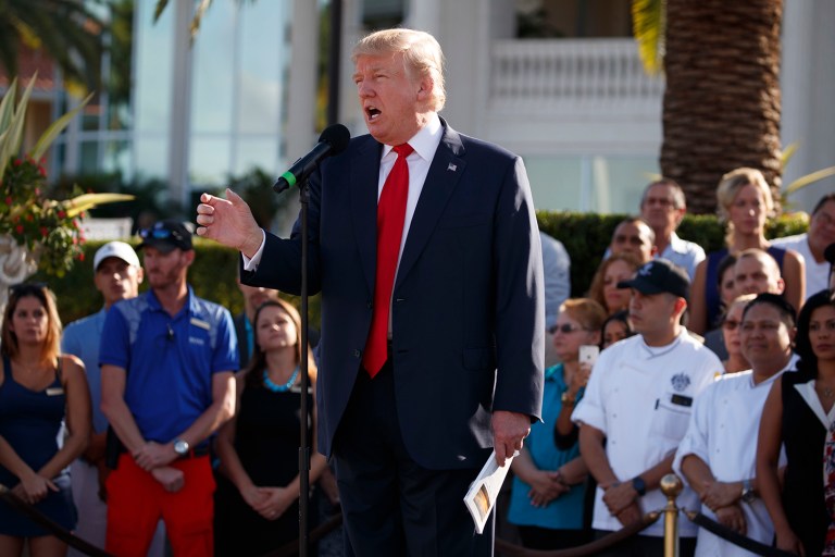 Republican presidential candidate Donald Trump speaks during an campaign event with employees at Trump National Doral, Tuesday, Oct. 25, 2016, in Miami. (AP Photo/ Evan Vucci)