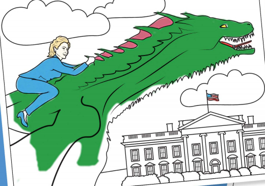 Kids coloring book has Clinton riding a dragon, walking in space