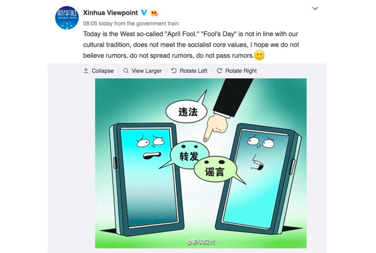 Xinhua released a short blog post on Weibo, a microblog service in China, that said April Fool's Day is 