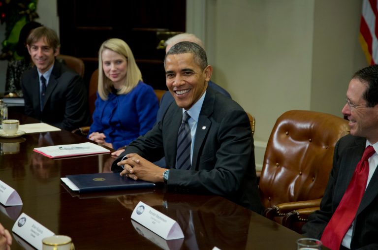 President Obama meets with technology executives in the Roosevelt Room of the White House in Washington on Tuesday. (AP Photo/ Evan Vucci)