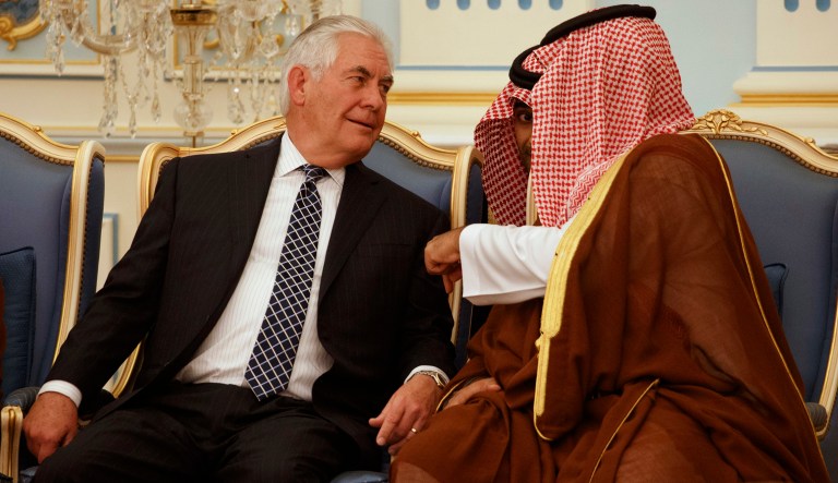 Secretary of State Rex Tillerson talks with Saudi Deputy Crown Prince and Defense Minister Mohammed bin Salman during a presentation ceremony of The Collar of Abdulaziz Al Saud Medal to President Donald Trump at the Royal Court Palace, Saturday, May 20, 2017, in Riyadh. (AP Photo/Evan Vucci)