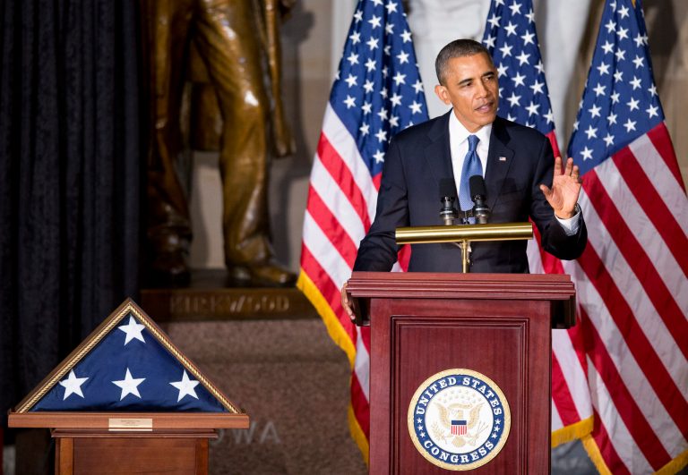 President Barack Obama speaks in Statuary Hall on Capitol Hill in Washington, Tuesday, Oct. 29, 2013, during a memorial service for the late former House Speaker Thomas S. Foley. Foley was a 30-year veteran of the House who died last week at the age of 84.   (AP Photo/Manuel Balce Ceneta)