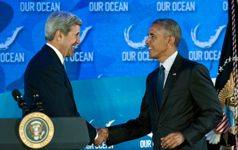 President Obama credits John Kerry for making climate change a national security priority. (AP Photo/Cliff Owen)