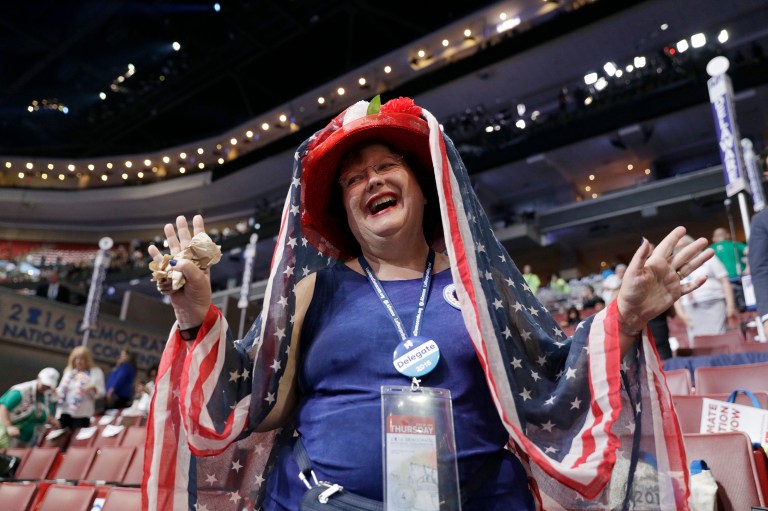 The Clinton convention was forced to claim that things are better than you think and even to take on the trappings of optimistic nationalism and, at some risk of boos from Bernie bros, add flags and generals in its third and fourth days. (AP Photo/John Locher)