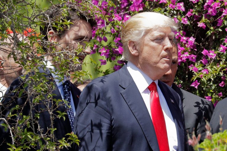 U.S. President Donald Trump and Canadian Prime Minister Justin Trudeau arrive for a G7 family photo in the Sicilian town of Taormina, Italy, Saturday, May 27, 2017. Leaders of the G7 meet Friday and Saturday, including newcomers Emmanuel Macron of France and Theresa May of Britain in an effort to forge a new dynamic after a year of global political turmoil amid a rise in nationalism. (AP Photo/Andrew Medichini)