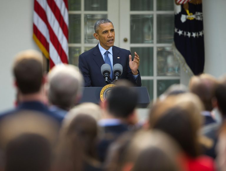 President Barack Obama speaks to members of Congress and other guests in the Rose Garden of the White House in Washington, Tuesday, April 21, 2015. (AP Photo/Pablo Martinez Monsivais)