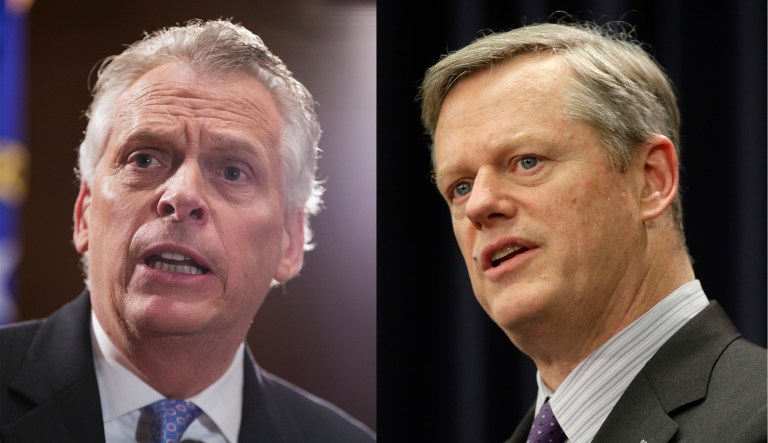 Virginia Gov. Terry McAuliffe, the National Governors Association's chair, and Massachusetts Gov. Charlie Baker, vice-chair of the NGA's health and human services committee, are asking the Senate majority leader to give states more time to read and analyze the impact of the Senate's healthcare bill before holding a vote on the proposal. (AP Photo/Steven Senne)