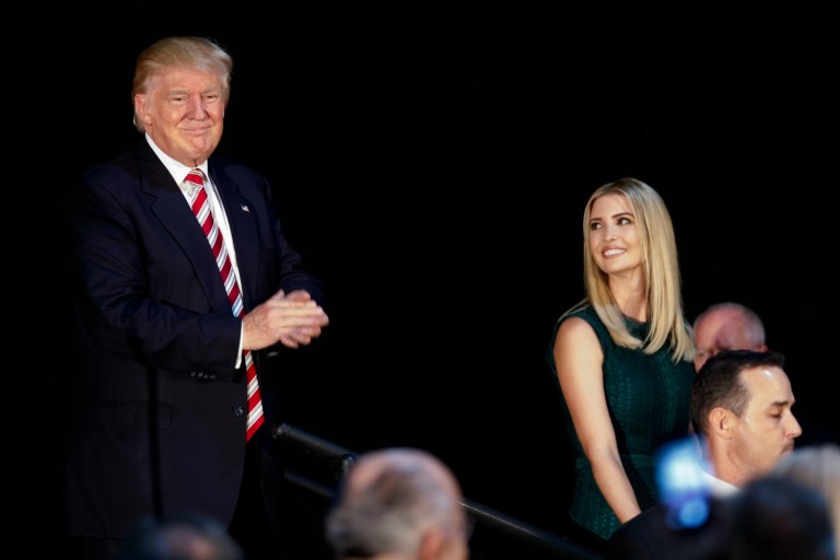 Ivanka Trump, right, watches after her father, Republican presidential candidate Donald Trump, delivered a policy speech on child care, Tuesday, Sept. 13, 2016, in Aston, Penn. (AP Photo/Evan Vucci)