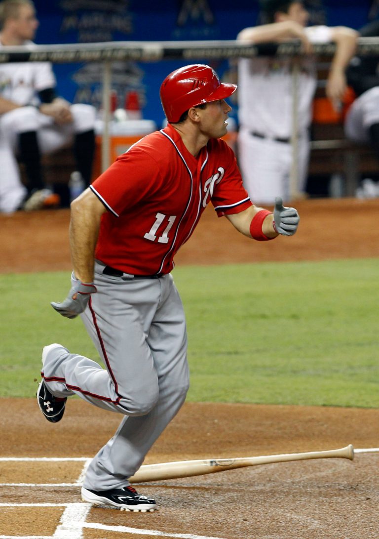 Washington Nationals' Ryan Zimmerman watches the ball after hitting a double against the Miami Marlins in the first inning of a baseball game in Miami, Saturday, July 14, 2012. (AP Photo/Alan Diaz)
