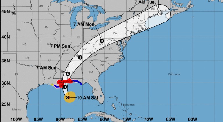 As of late Saturday morning, the storm was still a Category 1 hurricane with 90 mph winds, located fewer than 200 miles south of the Mississippi River and moving at 26 mph north-north west. (National Hurricane Center)