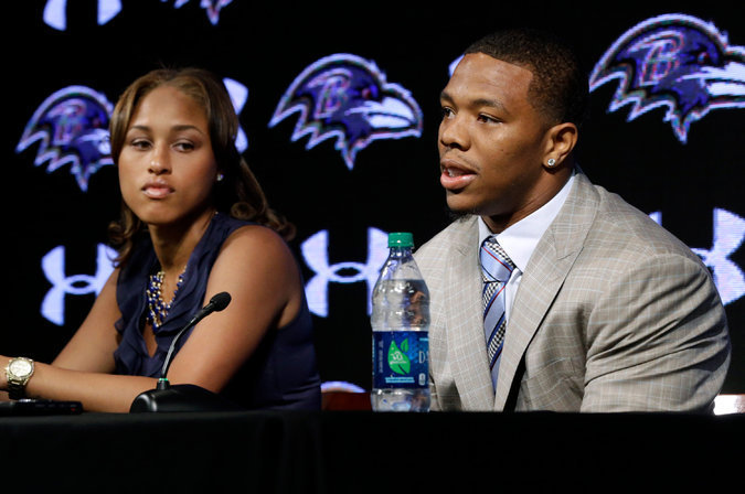 Baltimore Ravens player Ray Rice, right, at a news conference with is wife, Janay, on May 23. Rice was suspended for two games by the N.F.L. for alleged abuse. AP Photo