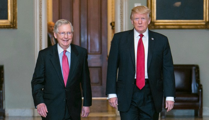 President Trump urged Republican senators to quickly pass a tax reform bill. During the Senate luncheon, most of the conversation centered on tax reform, but also included healthcare reform and the need to quickly fill judicial vacancies. (Graeme Jennings/Washington Examiner)