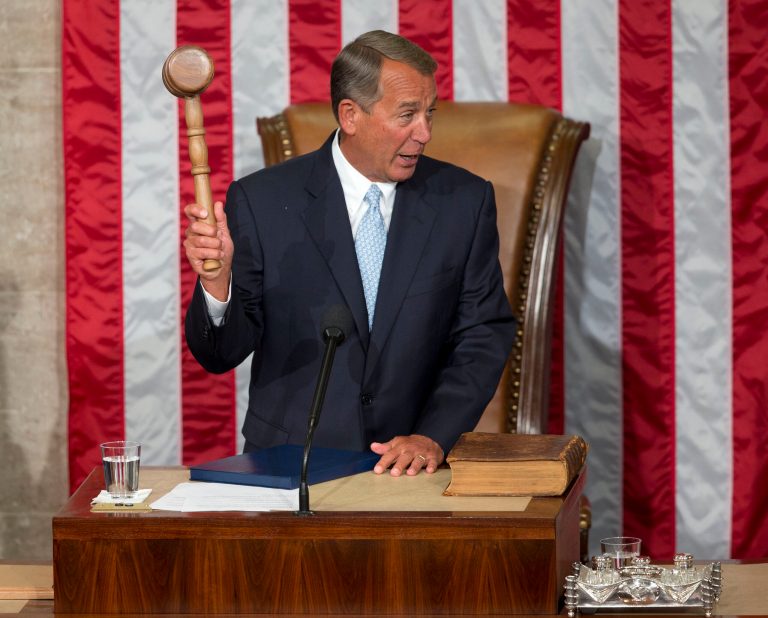 House Speaker John Boehner of Ohio holds up the gavel after being re-elected to a third term during the opening session of the 114th Congress on Tuesday, Jan. 6, 2015, on Capitol Hill in Washington. (AP Photo/Pablo Martinez Monsivais)