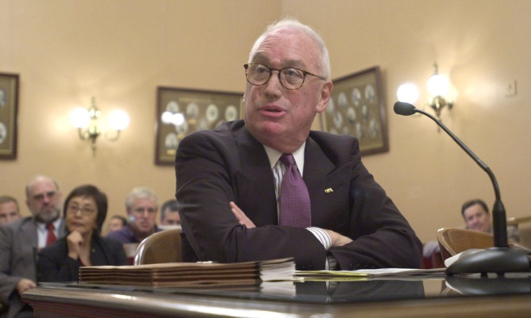FILE - In this Wednesday, July 10, 2002 file photo, Michael Peevey, Gov. Gray Davis' appointee to the Public Utilities Commission, answers questions while appearing at his confirmation hearing before the Senate Rules Committee at the Capitol in Sacramento, Calif. Peevey, California's chief utility regulator, under fire over accusations of secret dealings with the state's largest utility, said Thursday, Oct. 9, 2014 that he will not seek reappointment when his term ends at the end of the year. (AP Photo/Rich Pedroncelli, File)