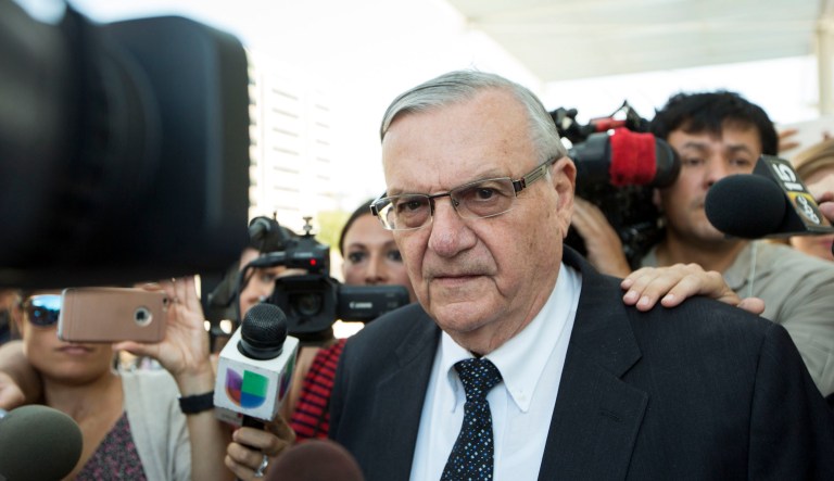 Former Maricopa County Sheriff Joe Arpaio is holding out hope that President Trump will pardon him of criminal contempt, just not from a podium in Phoenix, Ariz., according to a report. (AP Photo/Angie Wang)