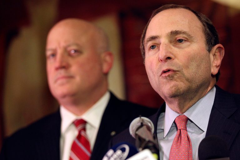   NHL commissioner Gary Bettman, right, and deputy commissioner Bill Daly and speak to reporters on Thursday, Dec. 6, 2012, in New York. The NHL has rejected the players' latest offer for a labor deal and negotiations have broken off at least until the weekend. (AP Photo/Mary Altaffer)  