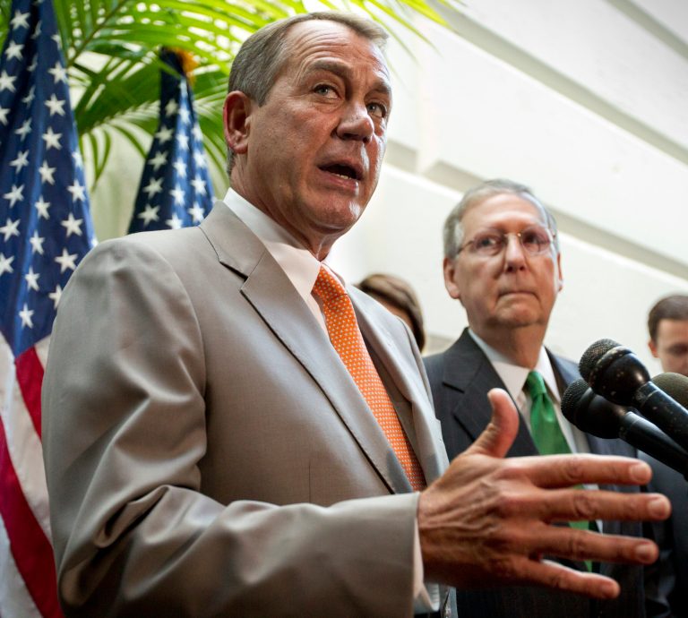 House Speaker John Boehner of Ohio, accompanied by Senate Minority Leader Mitch McConnell of Ky., right, gestures during a news conference on Capitol Hill in Washington, Wednesday, June 6, 2012. (AP Photo/J. Scott Applewhite)