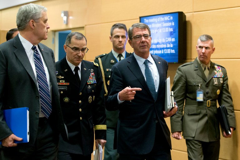 Defense Secretary Ash Carter told reporters before the ministerial that he intended to ask allies to boost their participation in the anti-Islamic State coalition. (AP Photo/Virginia Mayo, Pool)