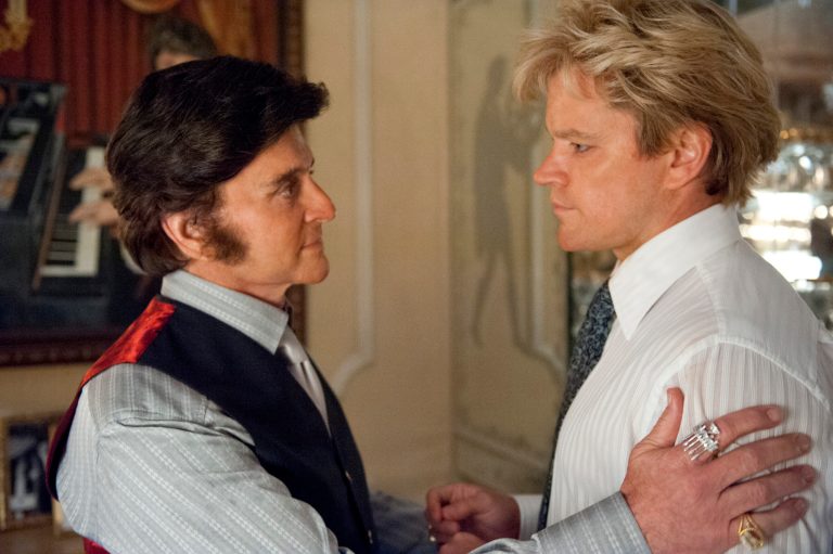 This film image released by HBO shows Michael Douglas, left, as Liberace, and Matt Damon, as Scott Thorson in a scene from 