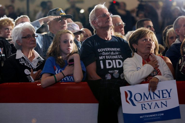 Supporters of Republican vice presidential candidate, Rep. Paul Ryan, R-Wis., participate in a campaign event at Oakland University, Monday, Oct. 8, 2012 in Rochester, Mich.  (AP Photo/Mary Altaffer)