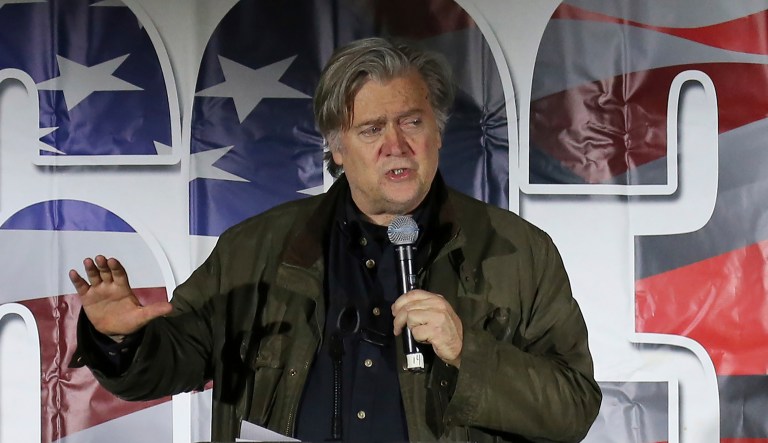 Steve Bannon, former chief strategist to President Trump, spoke during an event in Manchester, N.H., on Thursday. (AP Photo/Mary Schwalm)