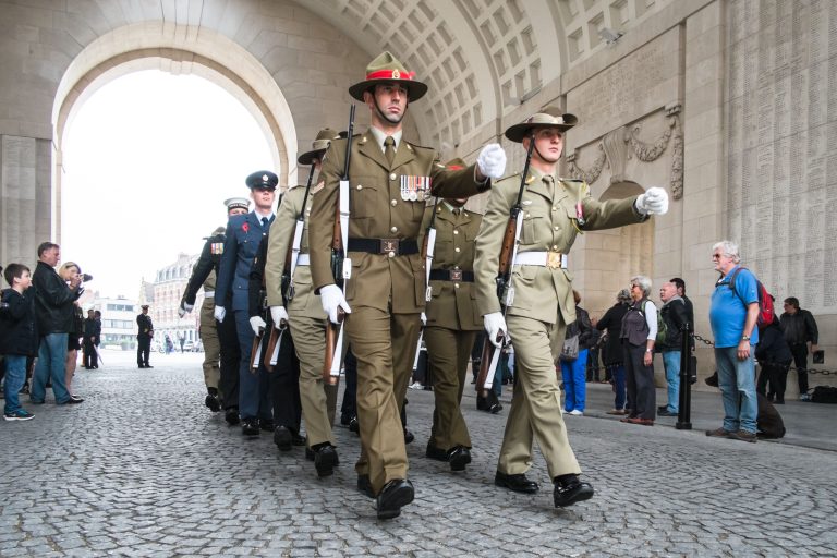 Soldiers from Australia and New Zealand march during an Anzac day ceremony at the Menin Gate in Ypres, Belgium on Friday, April 25, 2014. Every April 25 Anzac Day is commemorated by New Zealand and Australia to remember those who served their countries in times of war, conflict, or peacekeeping operations. It started originally to honor members of their Army Corps who died during the World War I fighting at Gallipoli. (AP Photo/Geert Vanden Wijngaert)