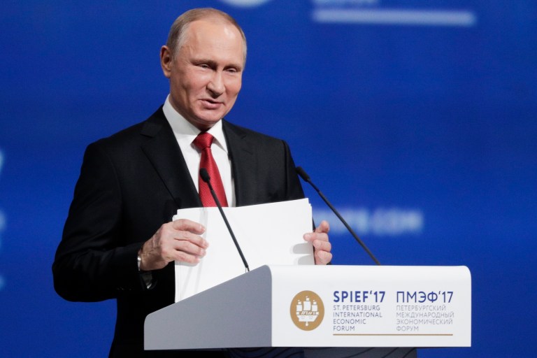Putin made the comment to Megyn Kelly during a panel discussion at the St. Petersburg International Economic Forum on Friday. (AP Photo/Dmitry Lovetsky)