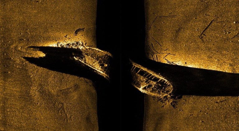 FILE - In this file image released by Parks Canada, shows a side-scan sonar image of a ship on the sea floor in northern Canada. Sir John Franklin was likely sailing on the HMS Erebus vessel when it vanished along with another vessel 170 years ago, Canada's prime minister announced Wednesday, Oct. 1, 2014. (AP Photo/Parks Canada, via The Canadian Press, File)