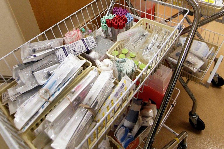   FILE - This Oct. 11, 2012 file photo shows a basket of medical supplies await storage in Brookhaven, Miss. The No. 1 question about President Barack Obamaâs health care law is whether consumers will be able to afford the coverage. Now the answer is coming in: The biggest study yet of premiums posted publicly by states finds that the sticker price will average about $270 a month if youâre a 21-year-old buying a mid-range policy. Thatâs before government tax credits that will act like a discount for most people, bringing down the cost based on their income. (AP Photo/Rogelio V. Solis, File)  