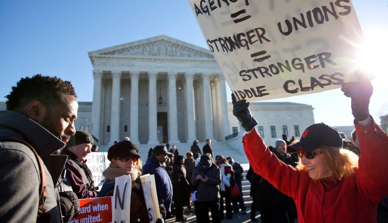Labor leaders argue that unions are owed the fees to compensate for their collective bargaining on behalf of the workers. (AP Photo/Jacquelyn Martin)