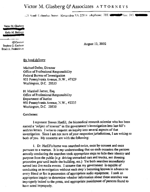 Glasberg Letter to FBI/DoJ, August 13, 2002