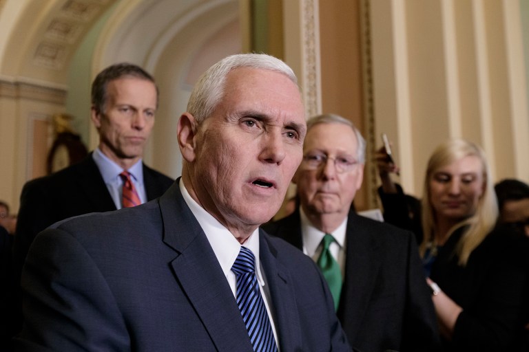 Vice President Mike Pence joins the Senate GOP leadership as Republicans introduce their plan to repeal and replace the Affordable Care Act. (AP Photo/J. Scott Applewhite)