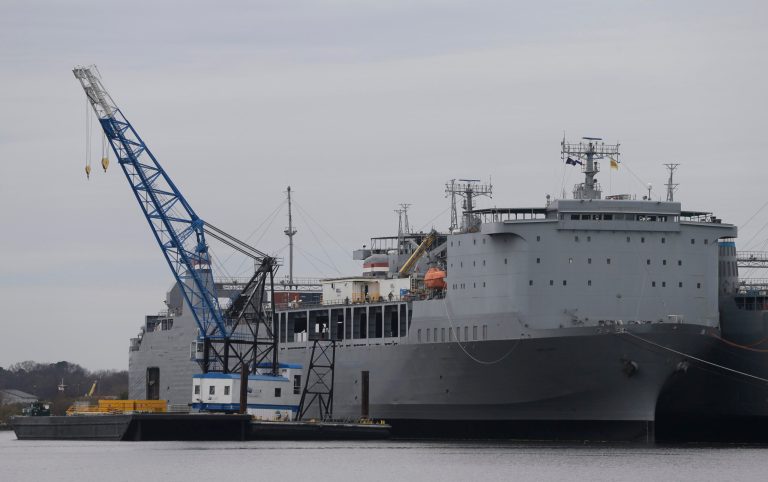 FILE - This Thursday Jan. 2, 2014 file photo shows a barge is anchored alongside the the M/V Cape Ray in Portsmouth, Va., Thursday, Jan. 2, 2014. The M/V Cape Ray departed Monday, Jan. 27, 2014 on a mission to destroy dozens of containers of deadly chemical weapons being removed from Syria as part of international efforts to dismantle that country's poison gas and nerve agent program. (AP Photo/Steve Helber)