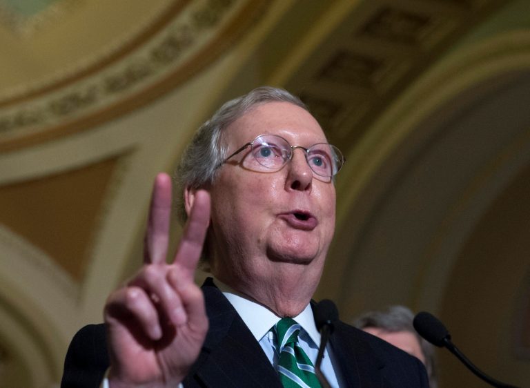 Senate Majority Leader Mitch McConnell speaks to reporters on Capitol Hill in Washington. (AP Photo/Molly Riley)