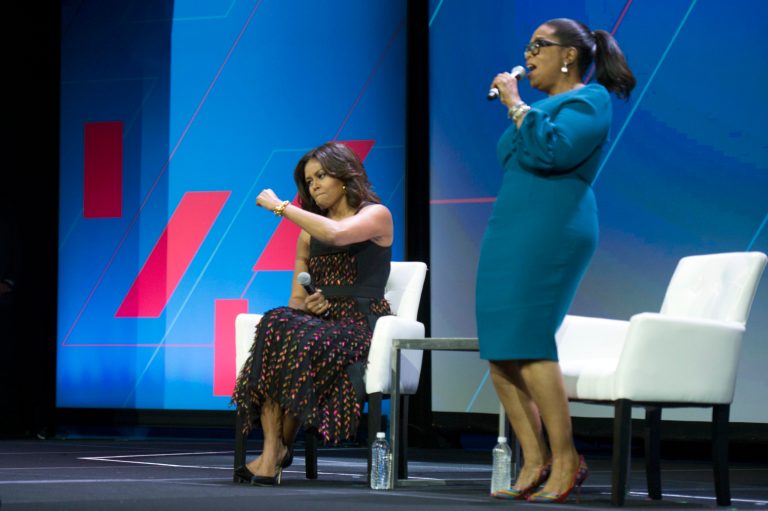 First lady Michelle Obama and Oprah Winfrey have a discussion on Trailblazing the Path for the Next Generation of Women during the White House Summit on the United State of Women in Washington, Tuesday, June 14, 2016. (AP Photo/Cliff Owen)
