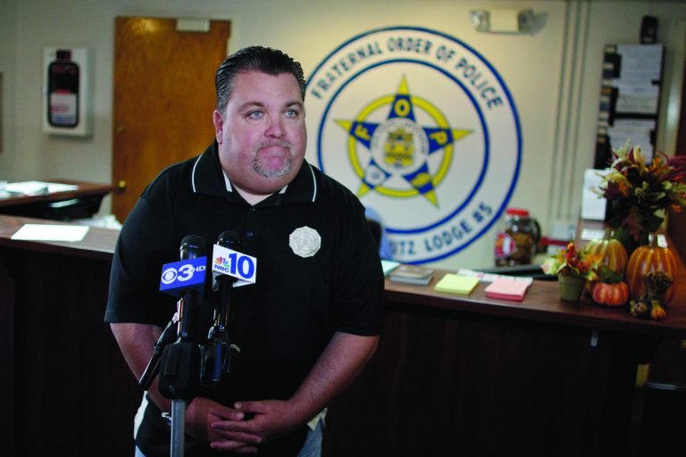 Fraternal Order of Police Lodge 5 President John McNesby pauses while speaking during a news conference, Monday, Oct. 1, 2012, at F.O.P. headquarters in Philadelphia. A Philadelphia police lieutenant has been caught on video striking a woman in the face at a neighborhood party associated with the city's annual Puerto Rican Day parade. Police officials say they've launched an internal investigation into Sunday's incident in north Philadelphia. (AP Photo/ Joseph Kaczmarek)